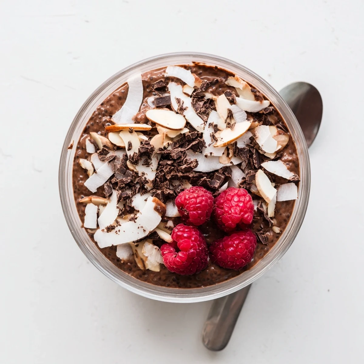 Velvety chocolate almond coconut protein chia cream pudding served chilled with fresh berries and almonds