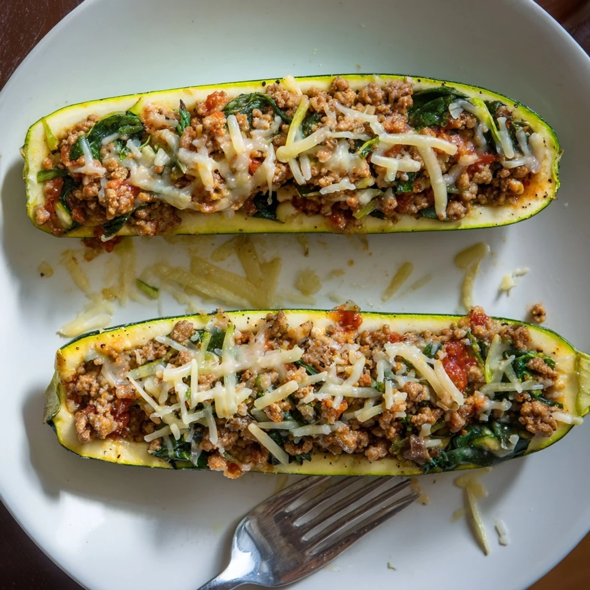 Baked Pesto Turkey and Spinach Zucchini Boats melting golden cheese, herb aroma