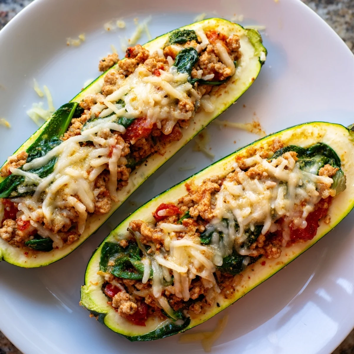 Oven roasted Pesto Turkey and Spinach Zucchini Boats bubbling, savory filling visible