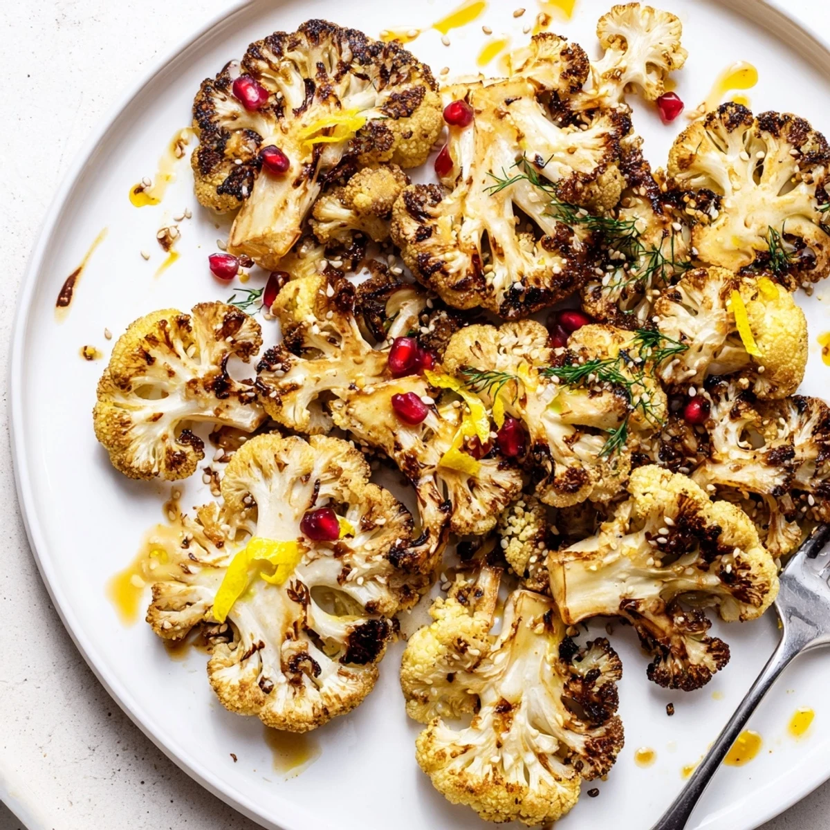 Roasted Cauliflower With Lemon Herb Tahini Drizzle, caramelized florets glowing with bright lemon