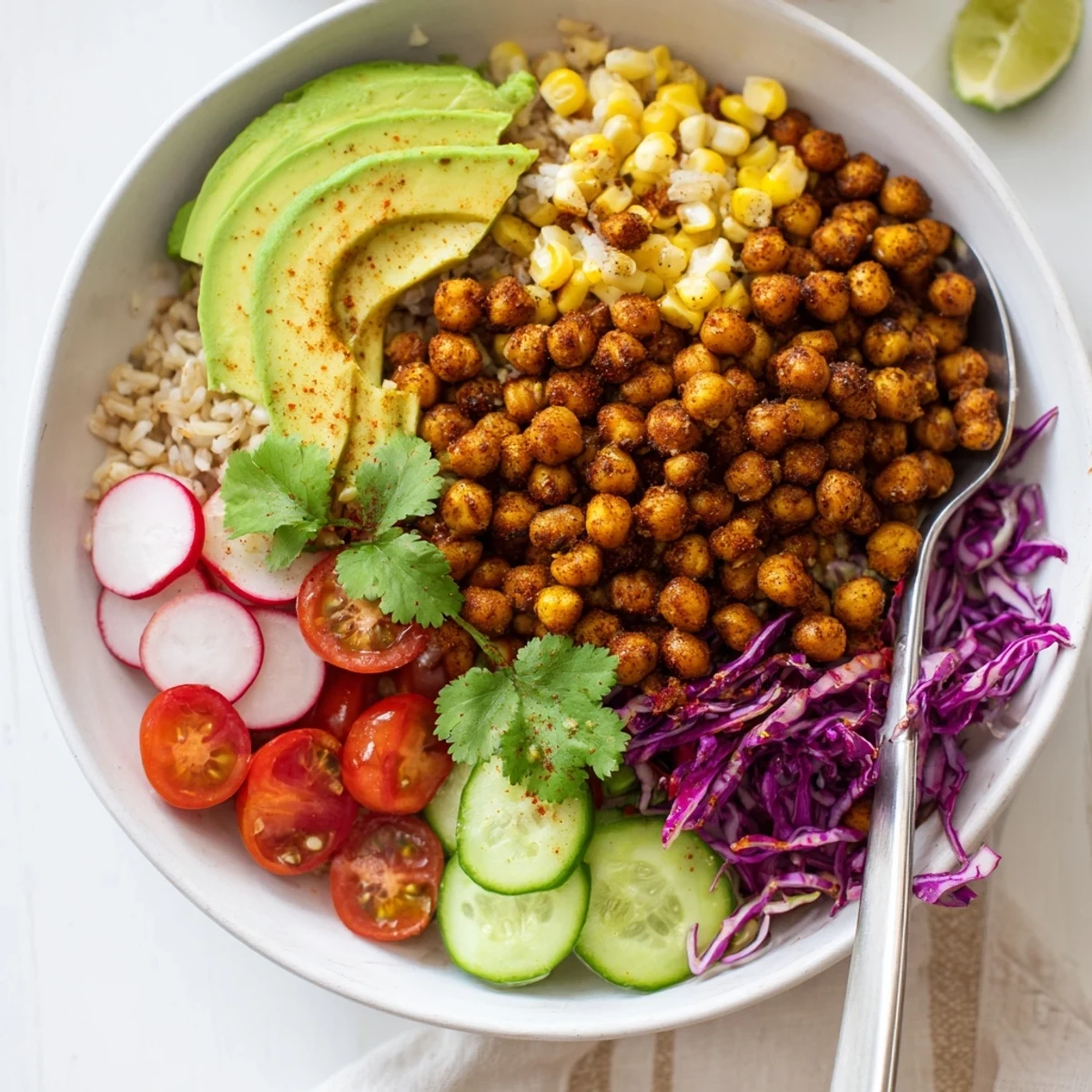 Crispy Chili Lime Chickpea and Avocado Crunch Bowl served over warm quinoa.