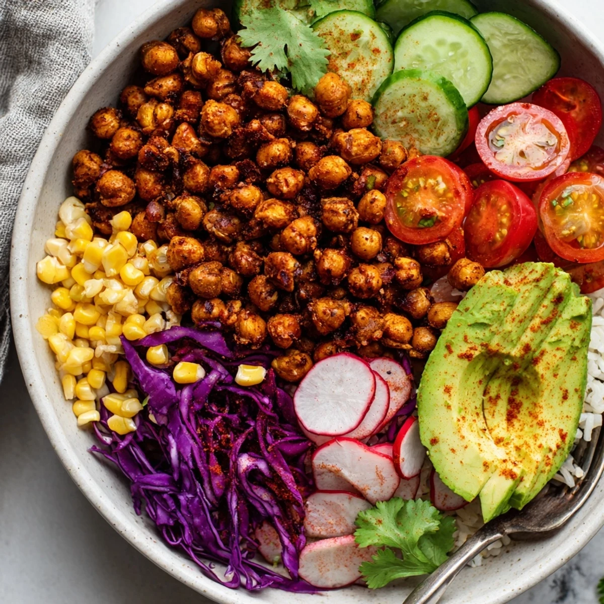 Crispy Chili Lime Chickpea and Avocado Crunch Bowl garnished with cilantro, tangy lime drizzle.