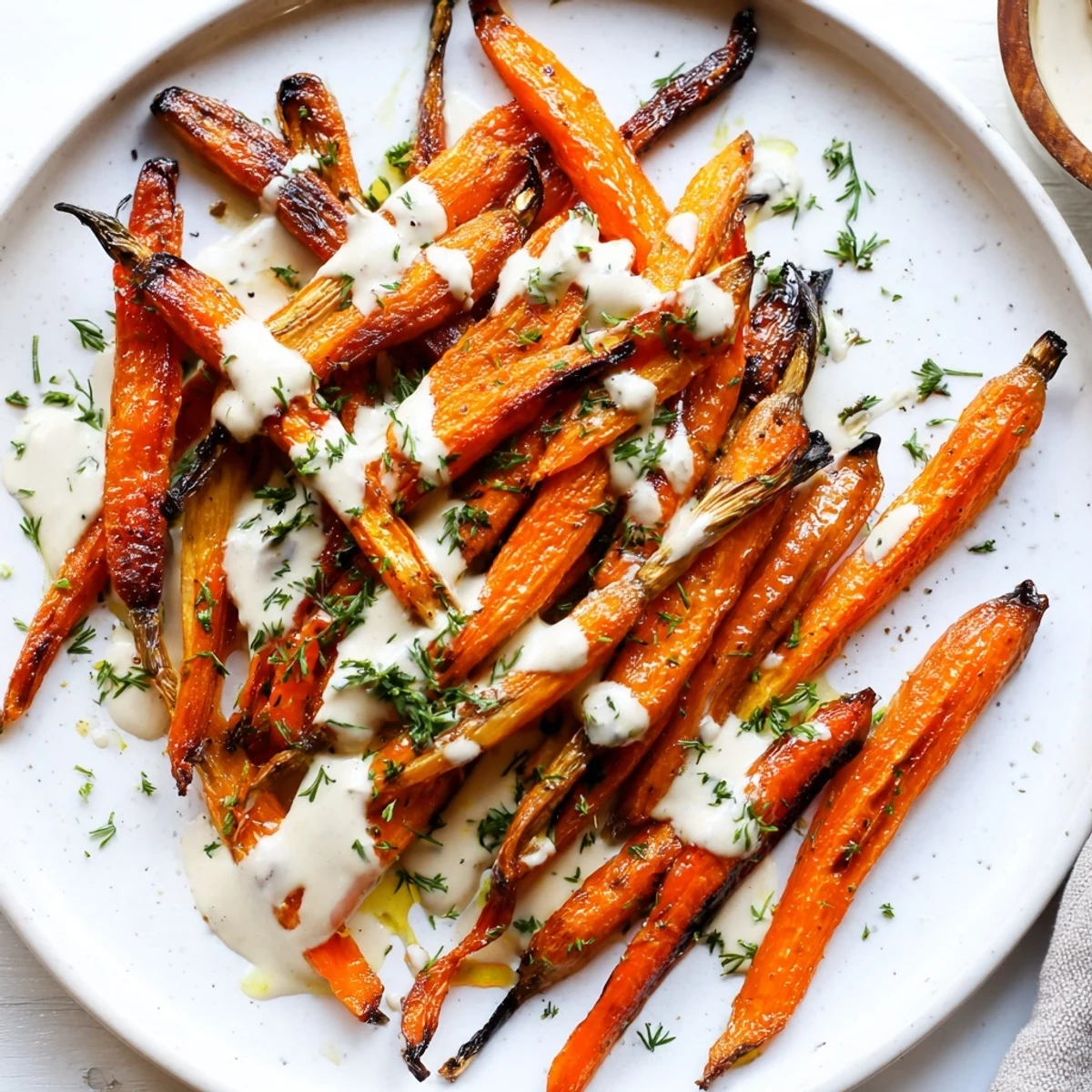 Roasted Carrots with Lemon Herb Tahini Drizzle, caramelized and served warm.