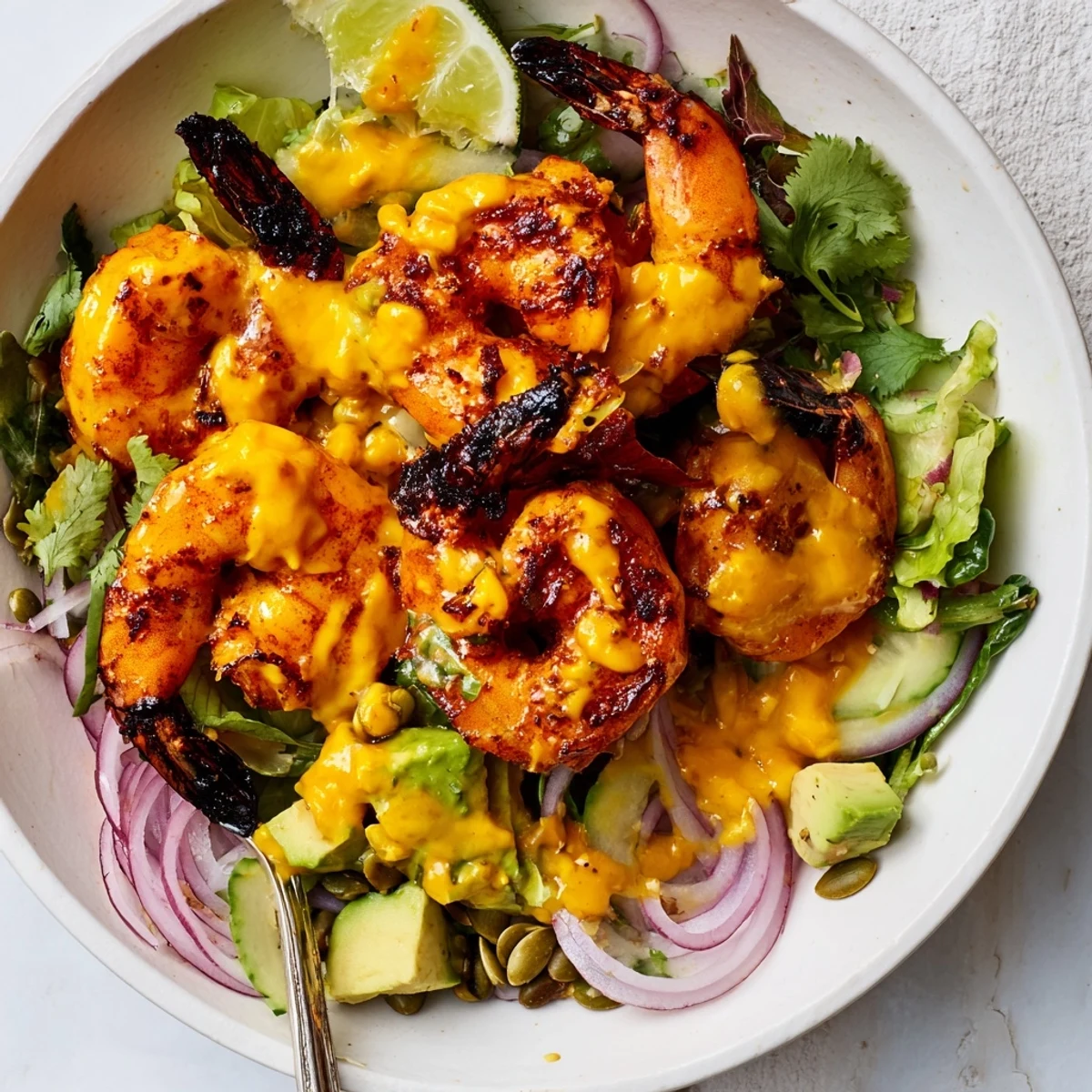 Spicy Mango Shrimp With Lime Avocado Crunch served over crisp greens.