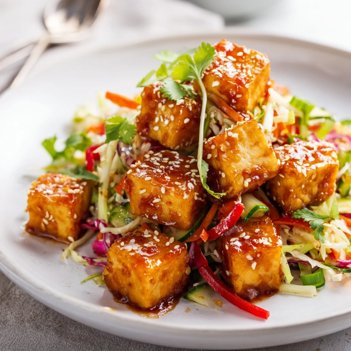 Plate of Crispy Chili Garlic Tofu With Sesame Rainbow Slaw, crunchy and vibrant.
