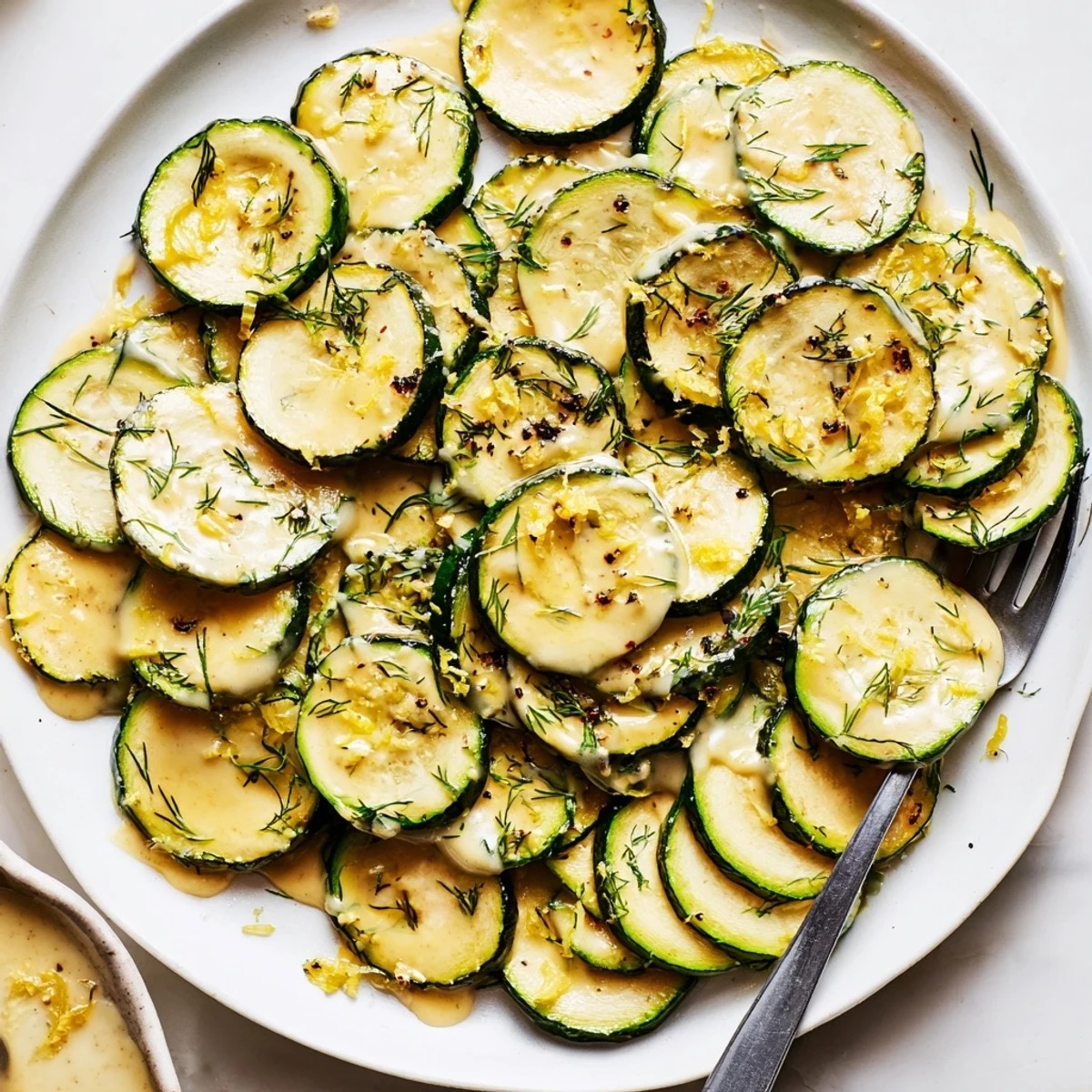 Warm Roasted Zucchini With Lemon Dill Tahini Drizzle, creamy citrusy sauce.