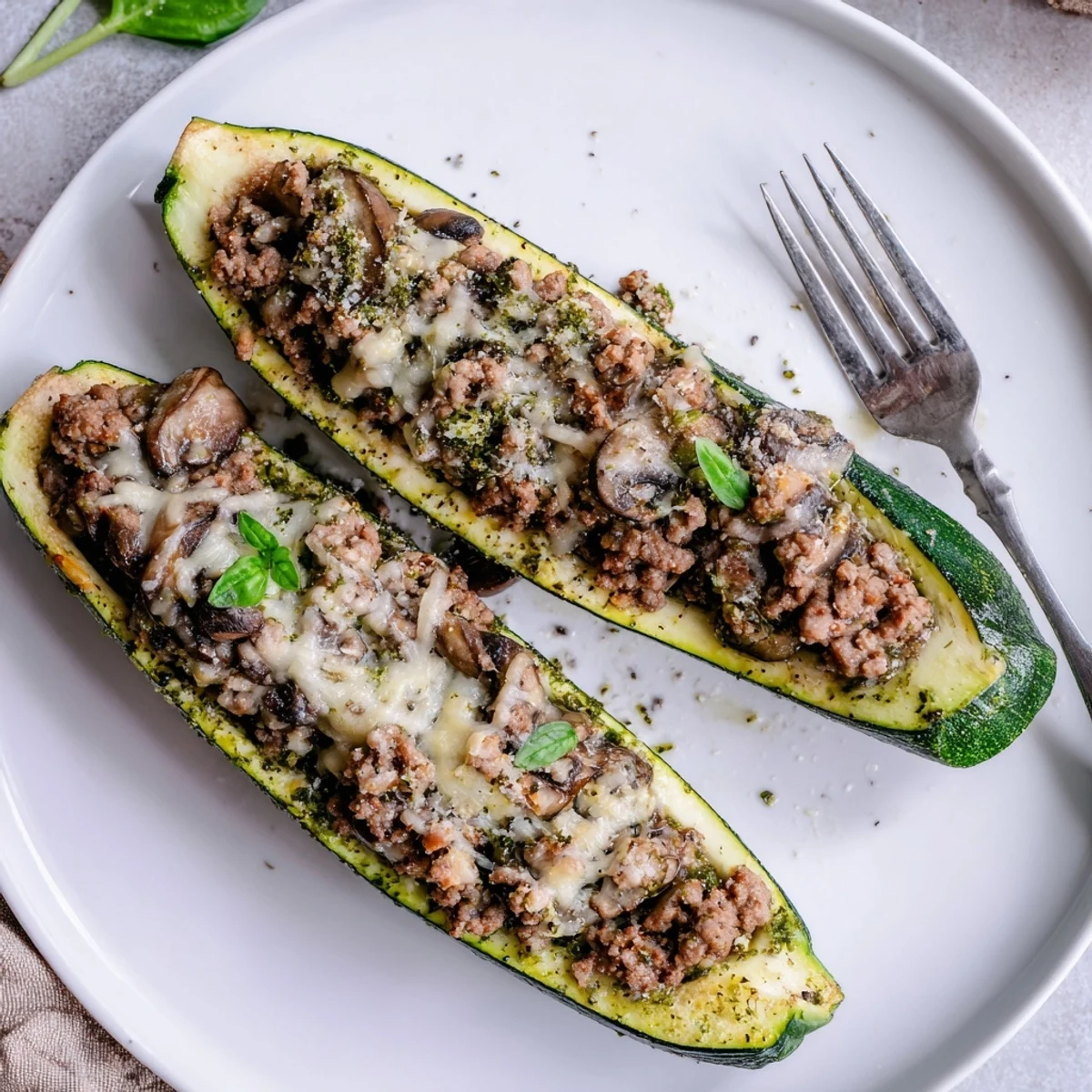 Pesto Turkey Mushroom Zucchini Boats