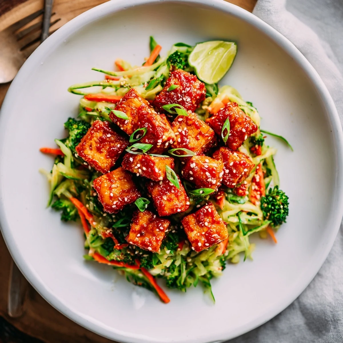 Golden Crispy Chili Lime Tofu With Sesame Broccoli Slaw, lime wedges