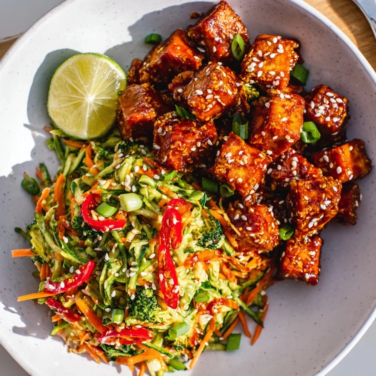 Crispy Chili Lime Tofu With Sesame Broccoli Slaw atop jasmine rice, crunchy
