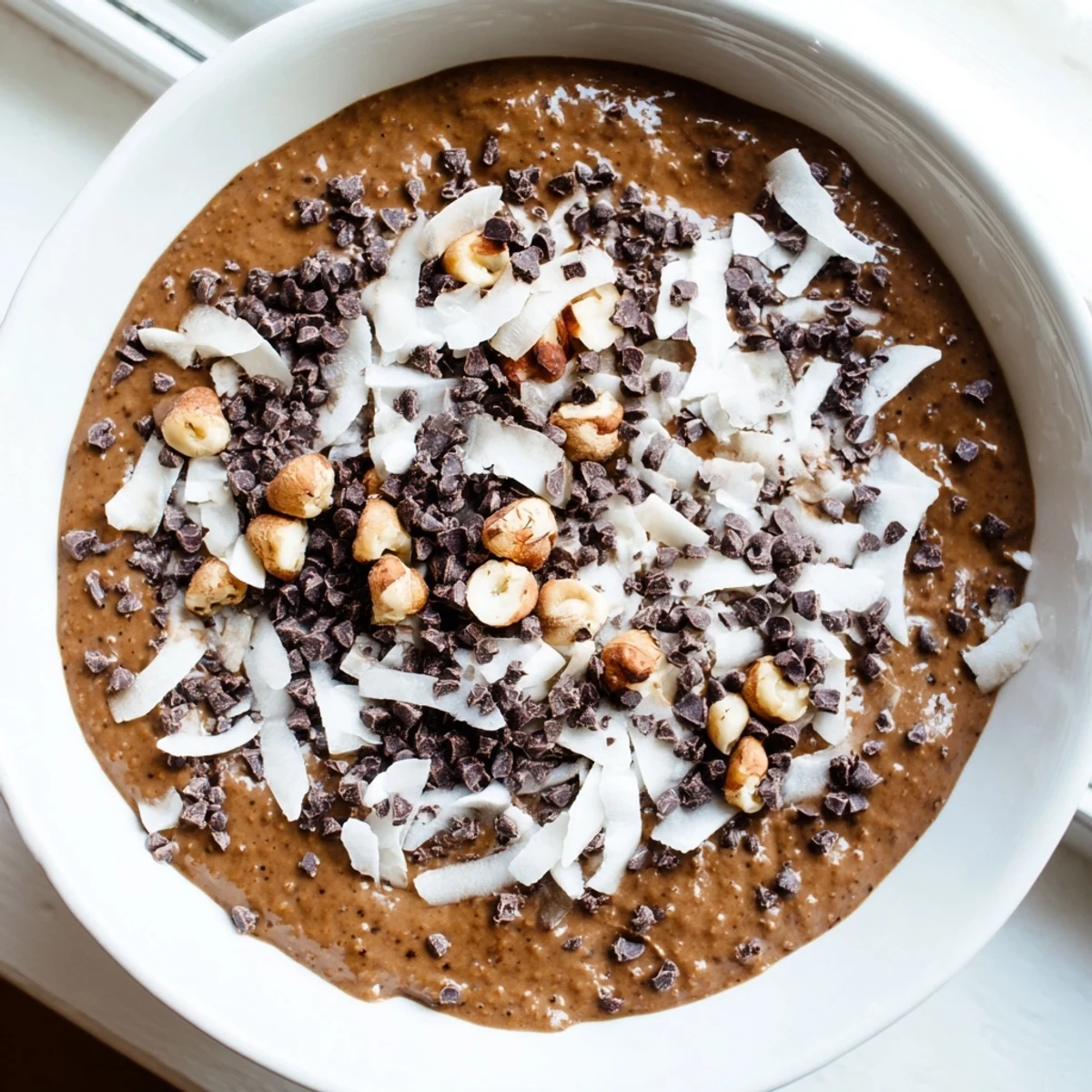 Rich chocolate hazelnut coconut protein chia cream topped with roasted nuts and shredded coconut