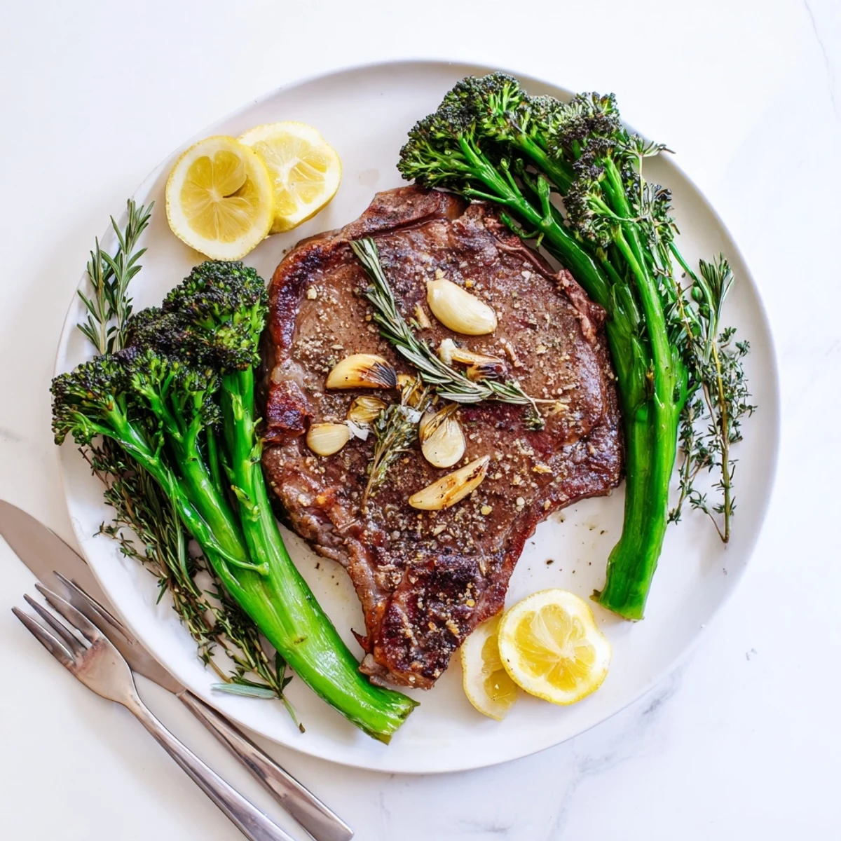 Golden seared garlic herb steak rests on a white plate next to vibrant roasted broccolini topped with fresh lemon zest