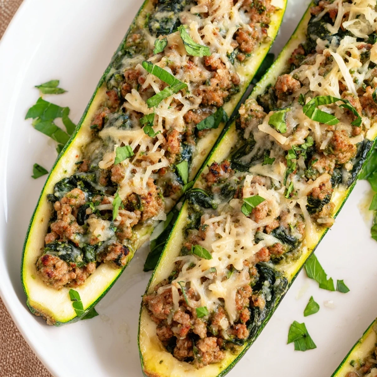 Golden baked zucchini boats overflowing with seasoned turkey, spinach, and melted cheese topping