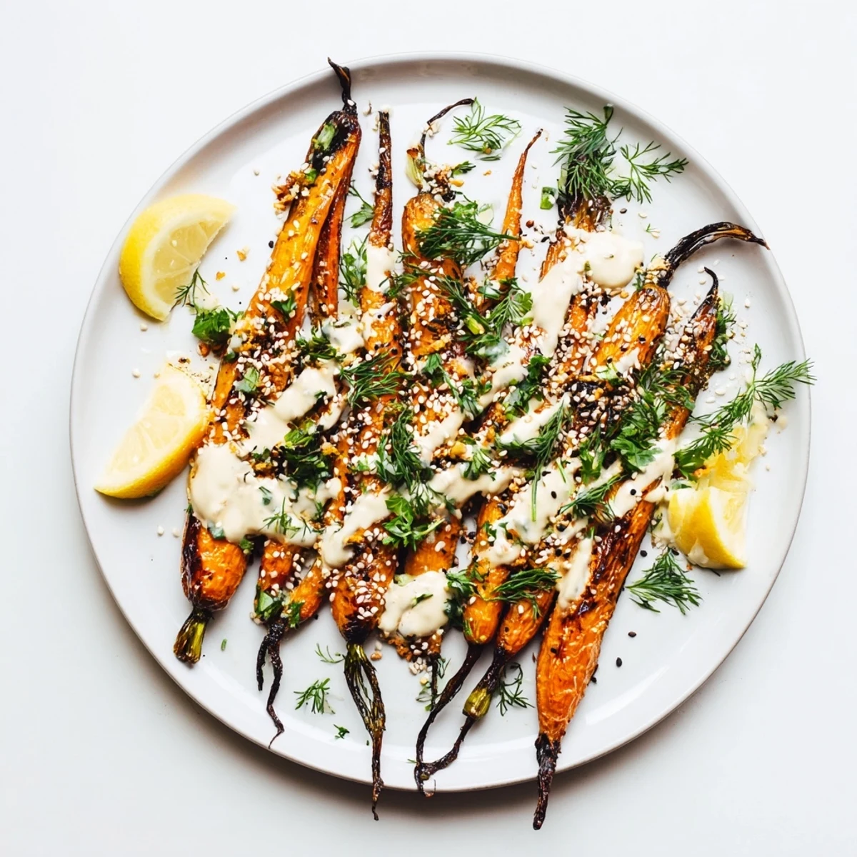 Vibrant roasted carrot side dish featuring sweet caramelized edges coated in bright lemon herb tahini sauce with garnish