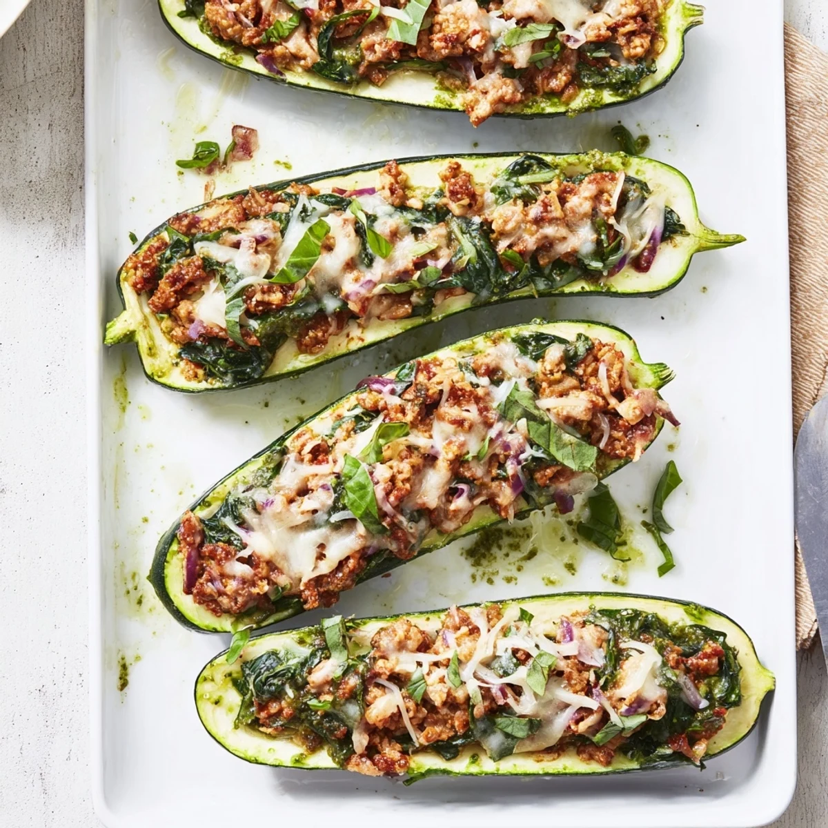 Pesto Turkey Spinach Zucchini Boats