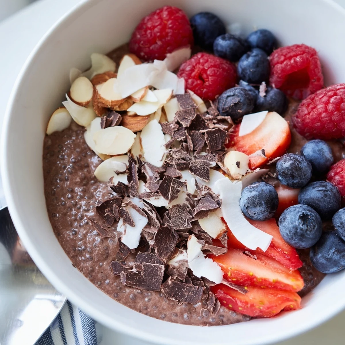 Chocolate Almond Coconut Berry Protein Chia Cream in glass jars with toasted nuts.