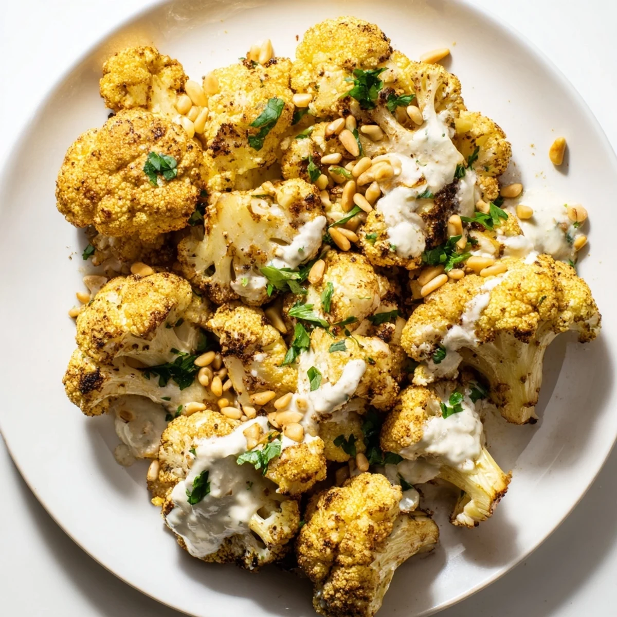 Golden roasted cauliflower with lemon herb tahini drizzle topped with toasted pine nuts.