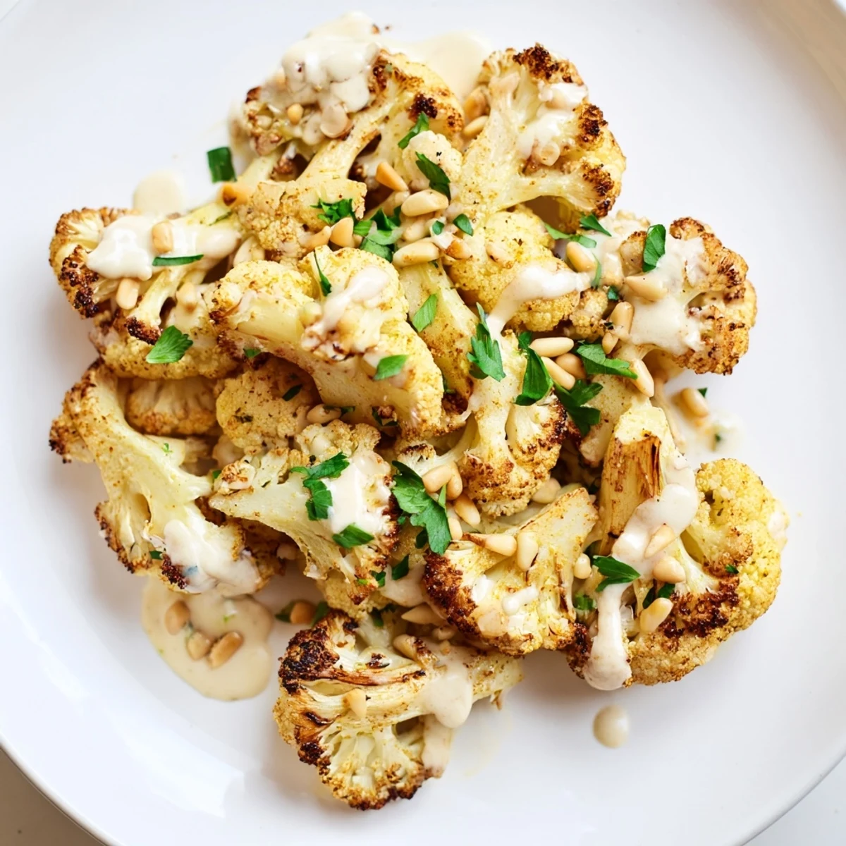 Tender charred roasted cauliflower with lemon herb tahini drizzle served fresh from the oven.