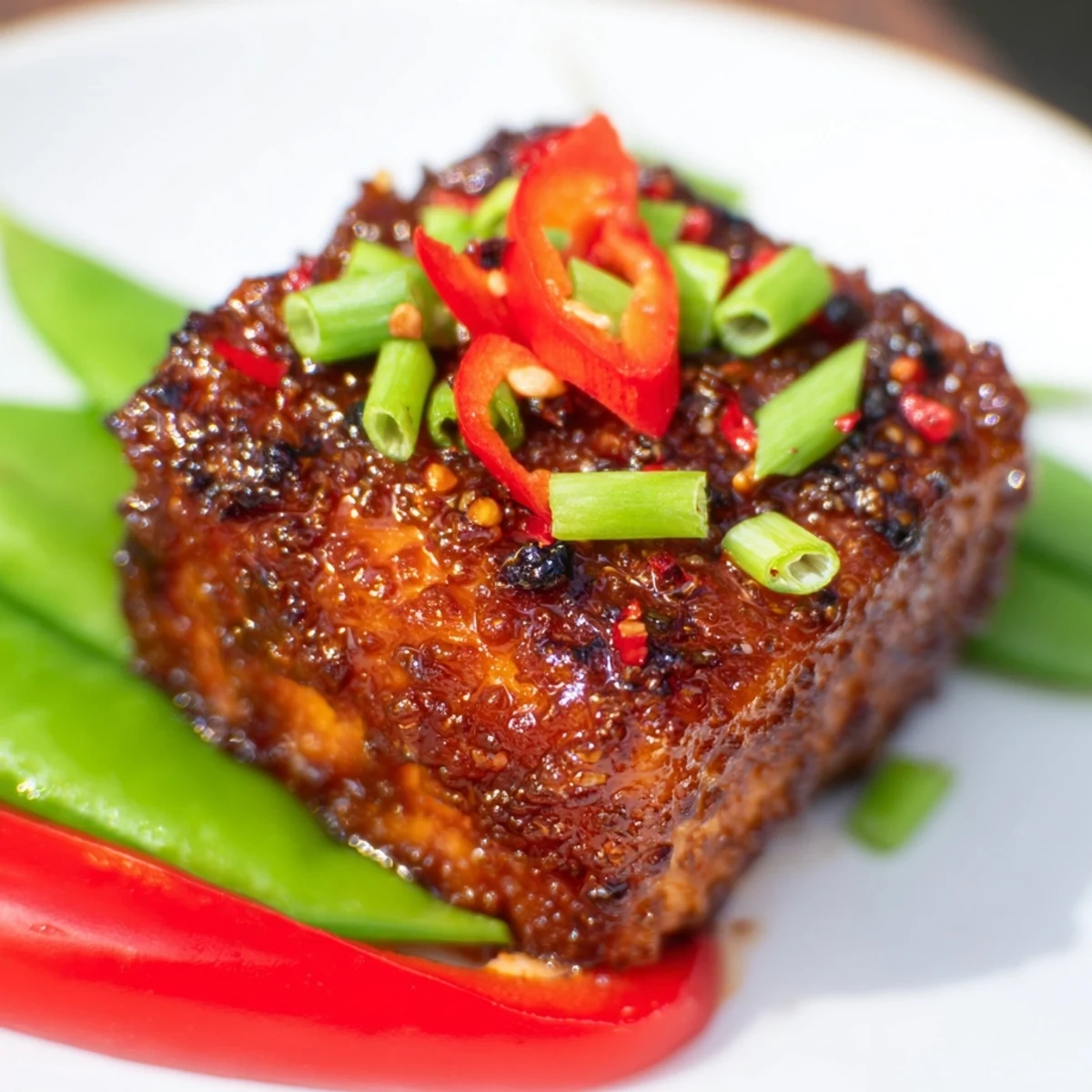 Spicy glazed tofu cubes served atop crunchy fresh snap peas and toasted sesame seeds.  