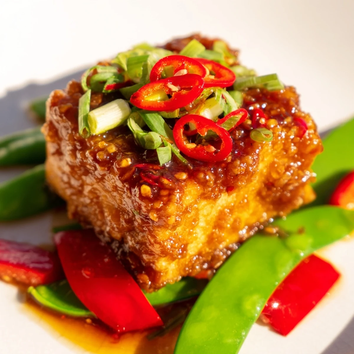 A bowl of Crispy Chili Garlic Tofu with snap peas for a satisfying vegan dinner.