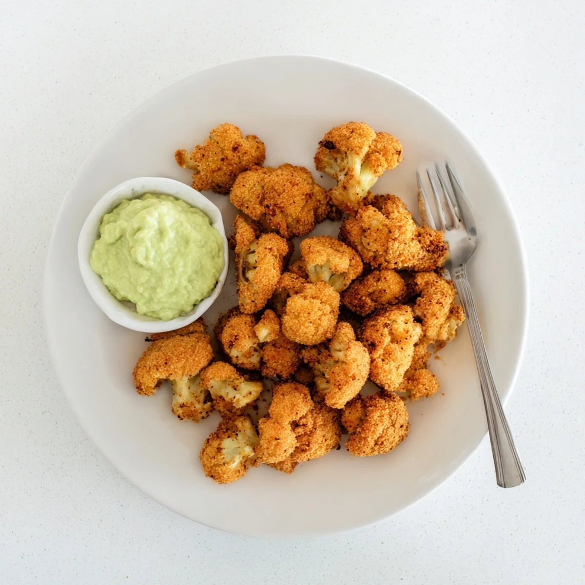 Golden crispy chili crunch cauliflower served with creamy green avocado lime dip.