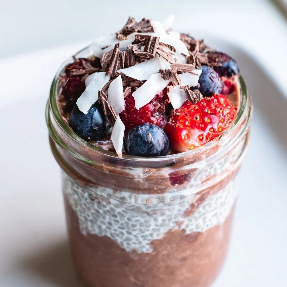 Glass jar showcasing layered chocolate berry coconut protein chia cream with fresh berries.