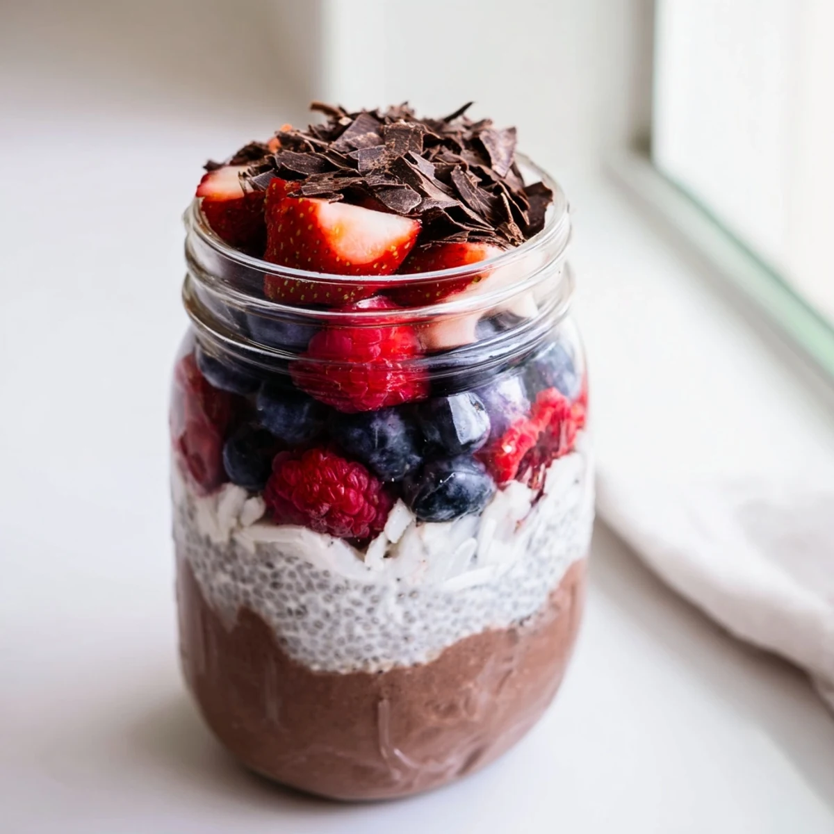 Rich chocolate and coconut layers topped with mixed berries in this chia cream.