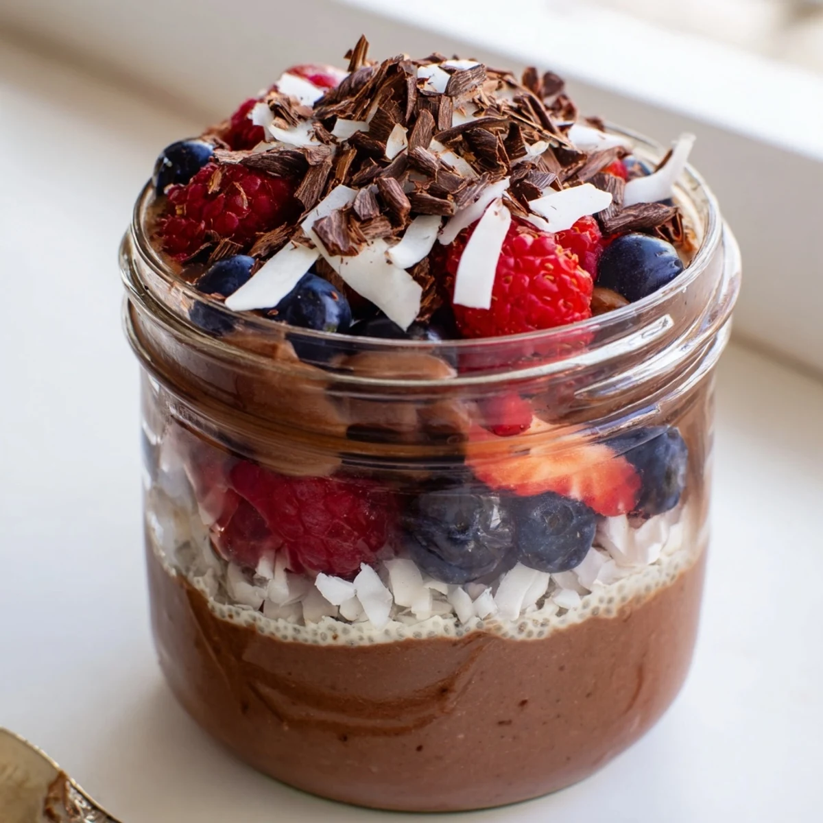 Spoonful of chocolate protein chia pudding garnished with coconut flakes and colorful berries.