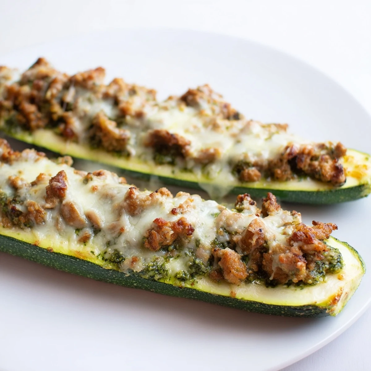 Freshly baked zucchini boats stuffed with savory turkey mushrooms and basil pesto topping