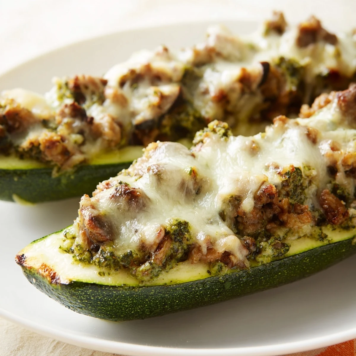 Low carb pesto turkey and mushroom zucchini boats served hot on a white plate