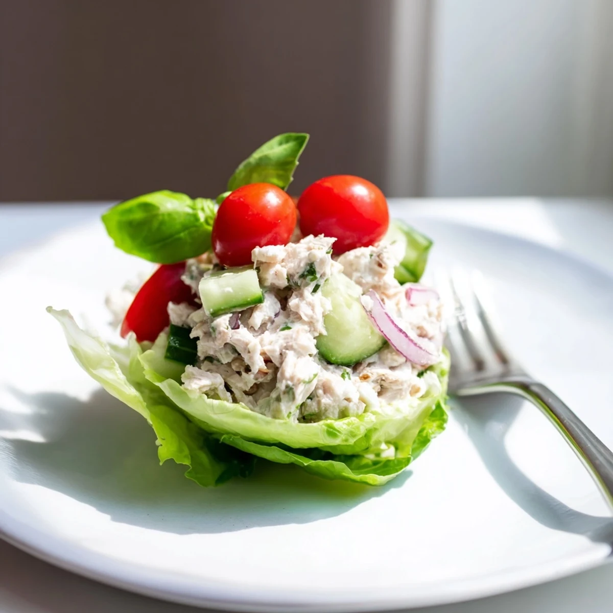 Close-up of creamy cottage cheese and diced chicken filling refreshing green lettuce cups topped with red onion and cucumber.