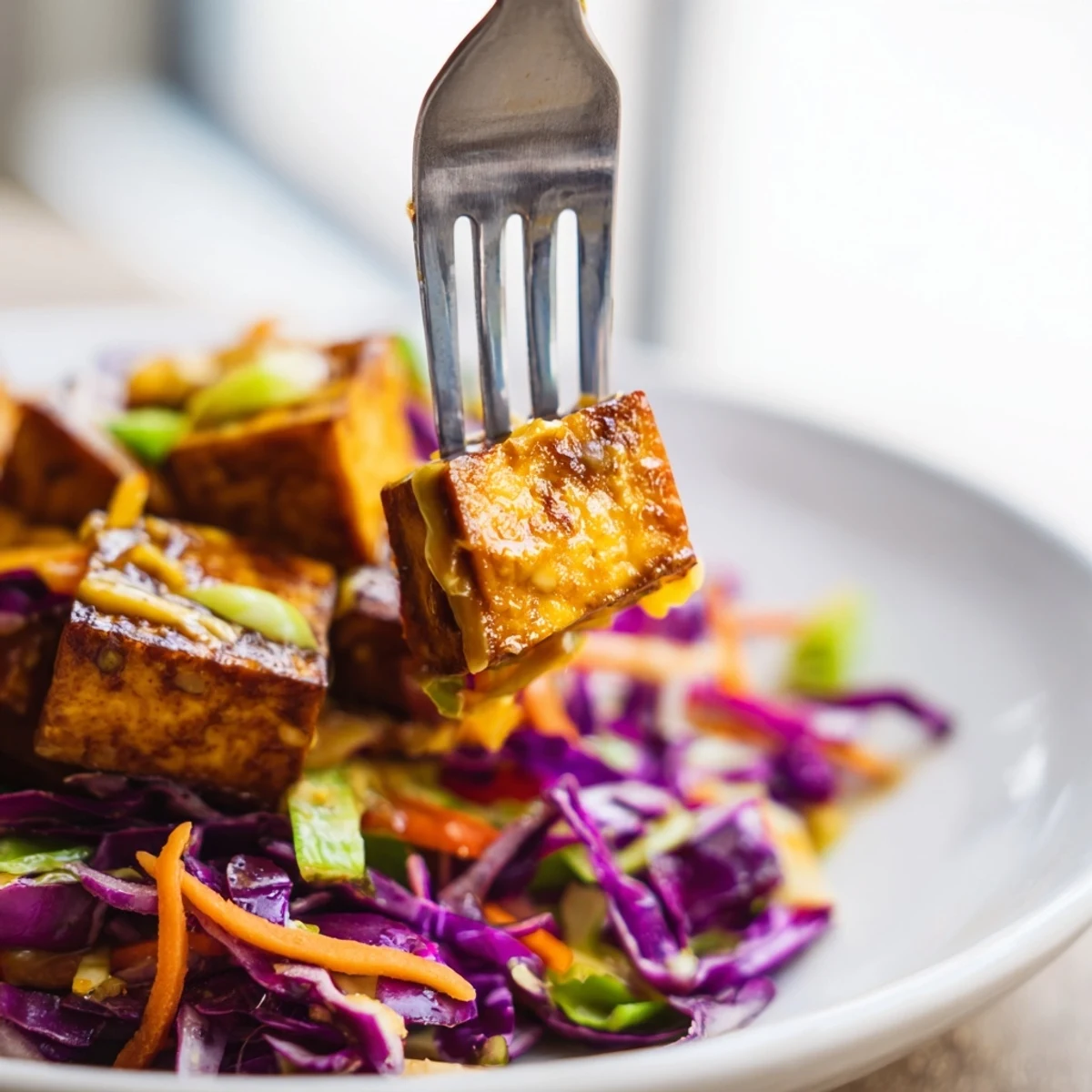 Golden tofu cubes glazed in spicy pineapple sauce atop a crisp lime cabbage slaw