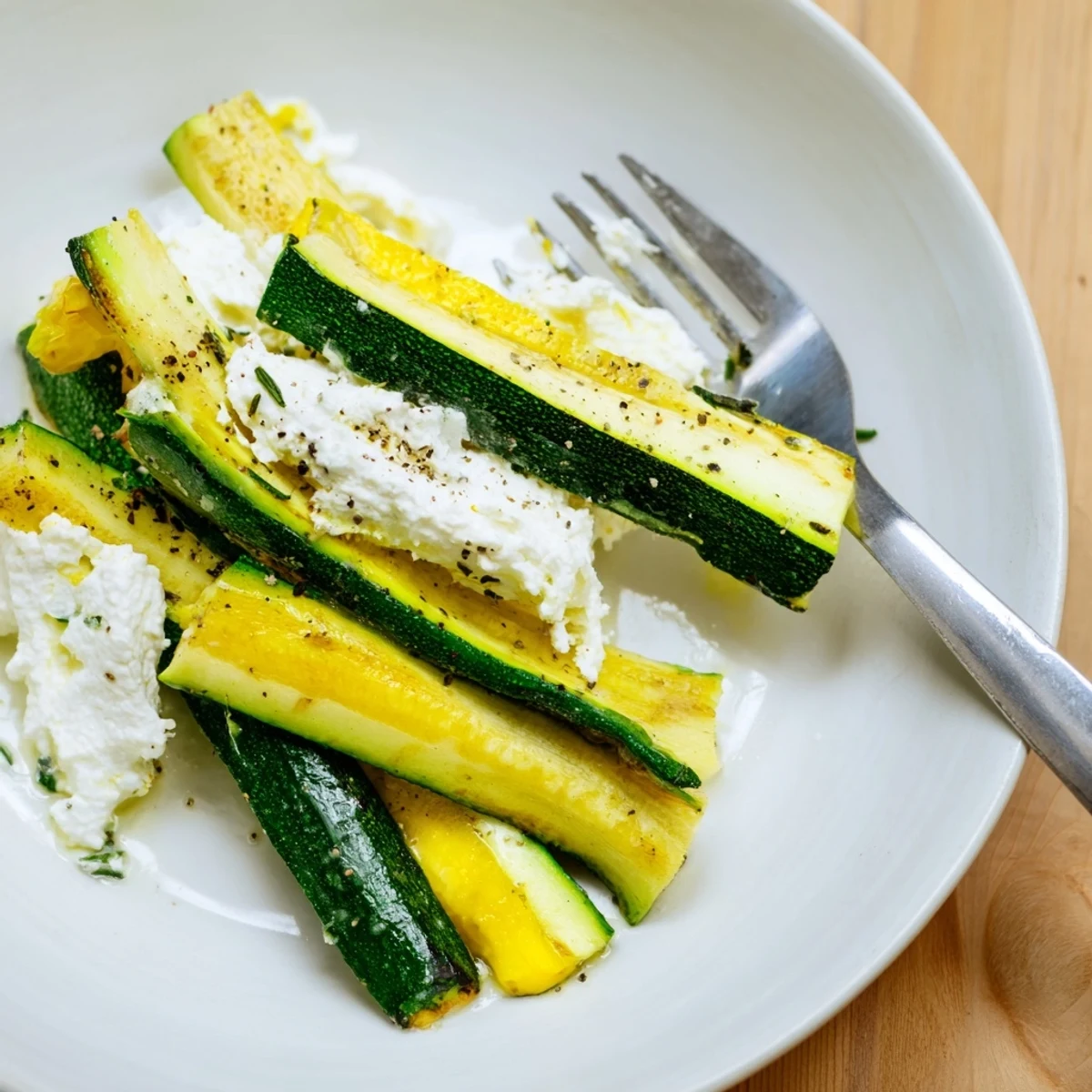 Golden roasted zucchini slices topped with creamy lemon herb ricotta and fresh basil garnish.