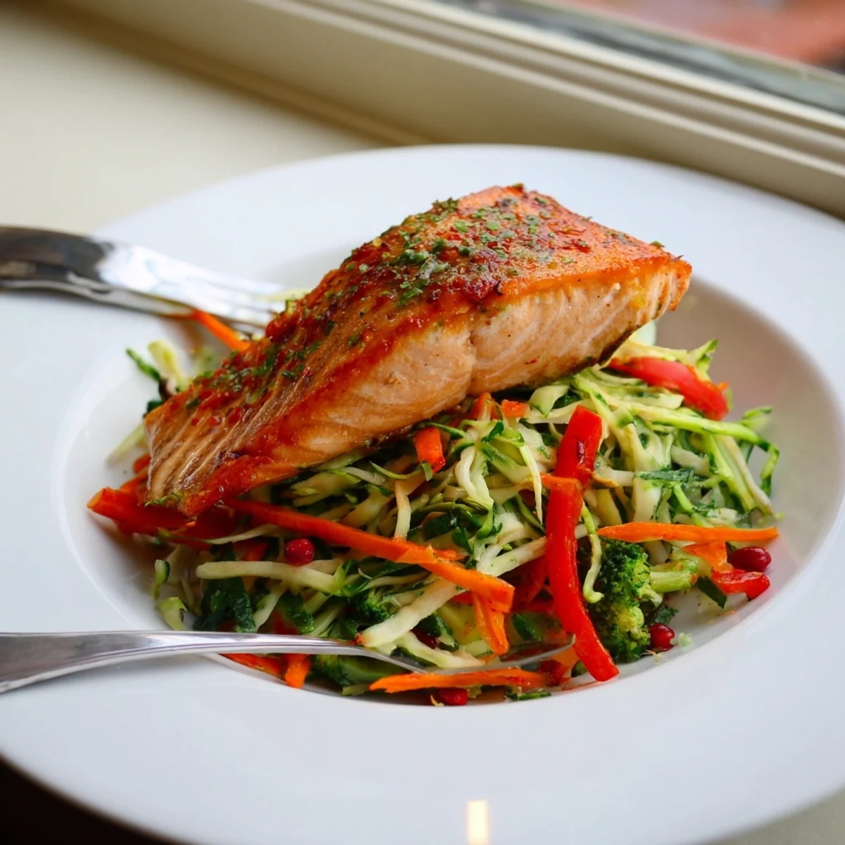Golden miso ginger salmon fillets served atop a crisp sesame broccoli slaw