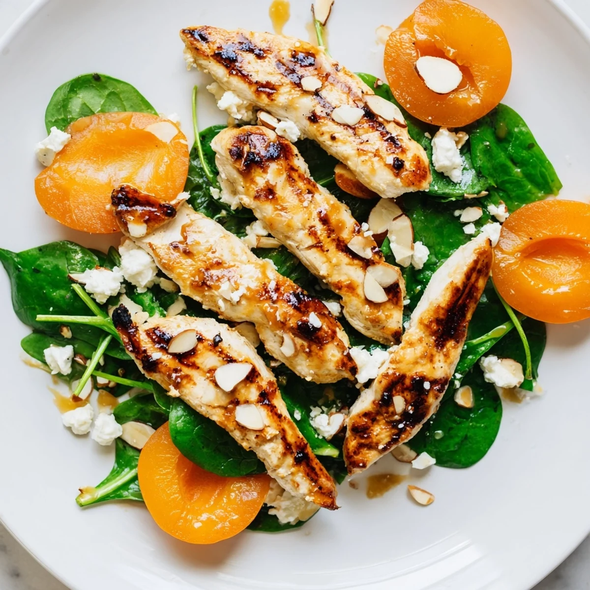 Vibrant grilled apricot and spinach chicken salad drizzled with tangy honey-mustard dressing.  